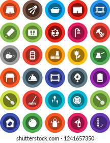 White Solid Icon Set- rake vector, welcome mat, foam basin, apron, skimmer, turk coffee, dish, chicken leg, pencil, fitball, shorts, shuttlecock, tulip, film frame, spool, satellitie, battery, sperm