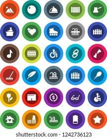White Solid Icon Set- rake vector, welcome mat, turk coffee, dish, pen, glasses, student, music, exchange, fitball, shorts, roller Skates, pool, wood box, tulip, link, battery, disabled, heart cross