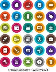 White Solid Icon Set- rake vector, kettle, ladle, cutting board, microwave oven, plates, scissors, wallet, case, bank building, clock, calendar, wood box, glass, satellitie, hdmi, sand, hospital