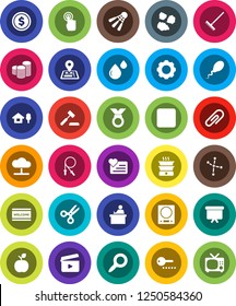 White Solid Icon Set- rake vector, welcome mat, garbage pile, student, apple fruit, scissors, magnifier, constellation, dollar coin, stack, presentation board, jump rope, medal, shuttlecock, sperm