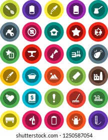 White Solid Icon Set- rake vector, foam basin, apron, skimmer, turk coffee, chicken leg, pencil, annual report, no fastfood, attention, satellite, battery, heart cross, dropper, broken bone, potion