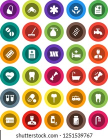 White Solid Icon Set- rake vector, water tap, liquid soap, house hold, heart pulse, pills vial, ambulance star, doctor, crutches, broken bone, blister, anamnesis, hospital bed, building, bandage