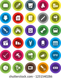 White Solid Icon Set- rake vector, clothespin, sponge, trash bin, measuring cup, ladle, knife, microwave oven, blender, bell, document, pie graph, arrow down, calendar, skateboard, bone, no hook