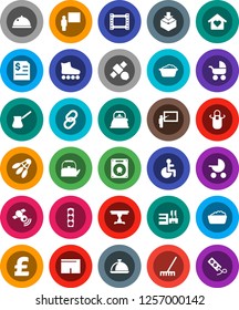 White Solid Icon Set- rake vector, foam basin, kettle, apron, turk coffee, dish, blackboard, annual report, pound, shorts, roller Skates, shuttlecock, satellite, traffic light, package, film frame