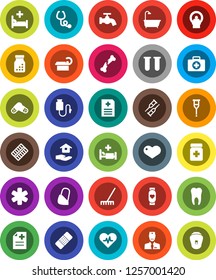 White Solid Icon Set- rake vector, water tap, house hold, heart monitor, first aid kit, ambulance star, pulse, vial, crutches, broken bone, patch, stethoscope, pills, bottle, blister, anamnesis