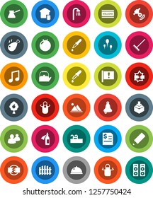 White Solid Icon Set- rake vector, welcome mat, kettle, apron, turk coffee, dish, chicken leg, pencil, bell, music, annual report, fitball, attention, package, satellitie, group, dropper, potion