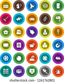 White Solid Icon Set- rake vector, steaming, water tap, cutting board, toaster, magnet, flask, monitor dollar, fitball, hoop, film spool, loudspeaker, crutches, tomography, server, washer, heating