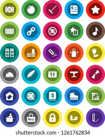 White Solid Icon Set- rake vector, welcome mat, apron, dish, pen, student, music, annual report, fitball, roller Skates, no fastfood, ship, wood box, tulip, film spool, link, broken bone, favorites