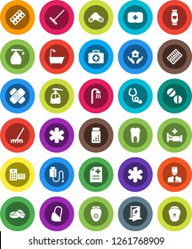 White Solid Icon Set- rake vector, liquid soap, house hold, pills vial, heart monitor, first aid kit, ambulance star, patch, stethoscope, blister, anamnesis, hospital bed, building, bandage, tooth