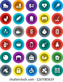 White Solid Icon Set- rake vector, toilet, foam basin, turk coffee, chicken leg, pen, bell, exchange, fitball, roller Skates, satellite, traffic light, ship, package, battery, disabled, heart cross