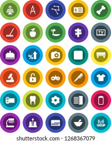 White Solid Icon Set- rake vector, spices, drawing compass, apple fruit, pen, microscope, table lamp, percent growth, receipt, bone, signpost, calendar, big scales, camera, tv, battery, stop button