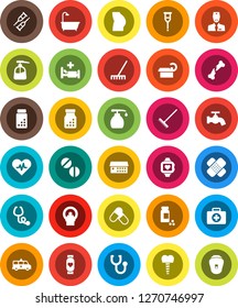 White Solid Icon Set- rake vector, water tap, liquid soap, pills vial, buttocks, heart monitor, first aid kit, pulse, crutches, broken bone, patch, stethoscope, bottle, hospital bed, building, bath