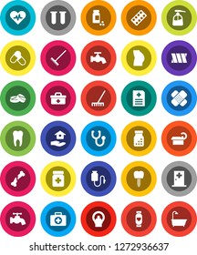 White Solid Icon Set- rake vector, water tap, liquid soap, house hold, pills vial, buttocks, heart monitor, first aid kit, doctor bag, pulse, broken bone, patch, stethoscope, bottle, blister, tooth