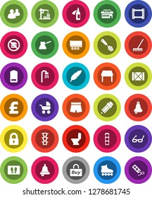 White Solid Icon Set- rake vector, welcome mat, toilet, skimmer, turk coffee, pen, pencil, glasses, bell, pound, shorts, roller Skates, no fastfood, traffic light, truck trailer, wood box, group