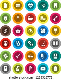 White Solid Icon Set- rake vector, liquid soap, buttocks, pills, first aid kit, no trolley, doctor bag, heart pulse, vial, crutches, broken bone, patch, stethoscope, anamnesis, hospital building