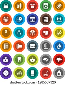 White Solid Icon Set- rake vector, drying clothes, toilet paper, kettle, japanese candle, target, personal information, dollar calendar, hoop, gymnast rings, clock, top sign, antenna, video camera