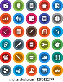 White Solid Icon Set- rake vector, washer, garbage pile, water tap, pan, cook press, knife, oven, plates, alarm clock, scissors, document, wallet, measuring, calendar, sorting, cinema clap, link
