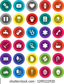White Solid Icon Set- rake vector, water tap, buttocks, pills, heart monitor, first aid kit, doctor bag, ambulance star, vial, crutches, broken bone, stethoscope, anamnesis, tomography, bandage