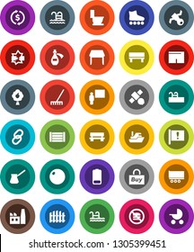 White Solid Icon Set- rake vector, toilet, turk coffee, blackboard, exchange, fitball, shorts, roller Skates, pool, no fastfood, attention, satellite, ship, truck trailer, wood box, link, battery