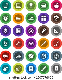 White Solid Icon Set- rake vector, sponge, splotch, washer, shining window, copybook, pen, corner ruler, glasses, alarm clock, abacus, graph, diet, bike, snickers, delivery, big scales, microphone
