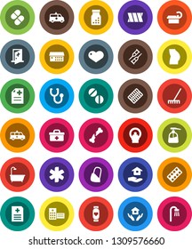 White Solid Icon Set- rake vector, liquid soap, house hold, buttocks, heart monitor, doctor bag, ambulance star, crutches, broken bone, stethoscope, pills, bottle, blister, anamnesis, amkbulance car