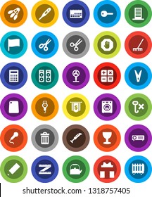 White Solid Icon Set- rake vector, clothespin, trash bin, kettle, scales, cutting board, pencil, calculator, scissors, flag, dollar, measuring, shuttlecock, calendar, glass, no hook, thermometer