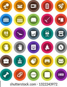 White Solid Icon Set- rake vector, scoop, sponge, trash bin, drying clothes, rubber glove, microwave oven, jug, bell, compass, case, bank building, shuttlecock, bone, microphone, battery, rec button