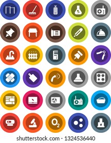 White Solid Icon Set- rake vector, steaming, foam basin, water tap, cutting board, oven, dish, microscope, paper pin, flask, hand trainer, horizontal bar, oxygen, consolidated cargo, radio, patch
