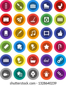 White Solid Icon Set- rake vector, welcome mat, toilet, apron, skimmer, chicken leg, pencil, glasses, student, music, shorts, roller Skates, shuttlecock, traffic light, tulip, film frame, link, bath