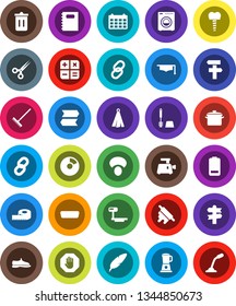 White Solid Icon Set- rake vector, trash bin, toilet brush, pan, towel, rolling pin, mushroom, copybook, graduate hat, pen, pie graph, calendar, measuring, snickers, signpost, big scales, link, hdmi