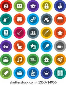 White Solid Icon Set- rake vector, welcome mat, toilet, foam basin, kettle, turk coffee, chicken leg, pencil, glasses, student, music, annual report, shorts, shuttlecock, pool, satellite, dry cargo