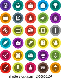 White Solid Icon Set- rake vector, sponge, washing powder, plates, measuring cup, jug, mushroom, pen, pencil, case, bell, abacus, wallet, calculator, tie, signpost, document, no hook, cinema clap