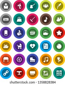 White Solid Icon Set- rake vector, kettle, turk coffee, music, exchange, annual report, fitball, roller Skates, ship, truck trailer, tulip, package, link, group, battery, disabled, heart cross, star