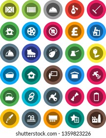 White Solid Icon Set- rake vector, foam basin, kettle, turk coffee, dish, chicken leg, blackboard, student, pound, roller Skates, pool, no fastfood, satellite, truck trailer, wood box, dry cargo