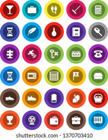 White Solid Icon Set- rake vector, sponge, oil, microwave oven, copybook, pen, case, wallet, calculator, sand clock, dollar flag, snickers, signpost, glass, no hook, satellitie, classic phone, rca