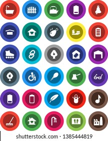 White Solid Icon Set- rake vector, welcome mat, kettle, apron, turk coffee, chicken leg, pen, glasses, bell, music, roller Skates, ship, dry cargo, link, battery, disabled, sperm, fruit tree, barn