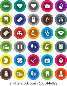 White Solid Icon Set- rake vector, water tap, liquid soap, heart pulse, pills vial, buttocks, monitor, first aid kit, doctor bag, crutches, patch, stethoscope, blister, hospital bed, building, tooth