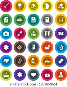 White Solid Icon Set- rake vector, pills vial, buttocks, first aid kit, heart, doctor bag, ambulance star, pulse, crutches, broken bone, patch, stethoscope, blister, anamnesis, hospital bed, bandage