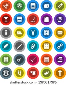 White Solid Icon Set- rake vector, clothespin, iron, drying clothes, washer, knife, cutting board, egg, pen, table lamp, calculator, tie, target, glass, link, rca, thermometer, scissors, crib, oven