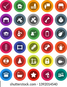 White Solid Icon Set- rake vector, apron, turk coffee, chicken leg, pencil, blackboard, bell, satellite, traffic light, dry cargo, package, film frame, battery, broken bone, potion, disconnection