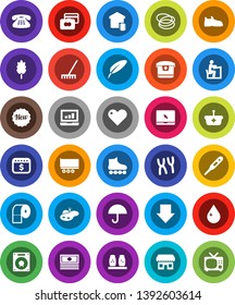 White Solid Icon Set- rake vector, water drop, toilet paper, spices, cereal, pen, student, laptop graph, credit card, cash, arrow down, dollar calendar, snickers, roller Skates, hoop, truck trailer