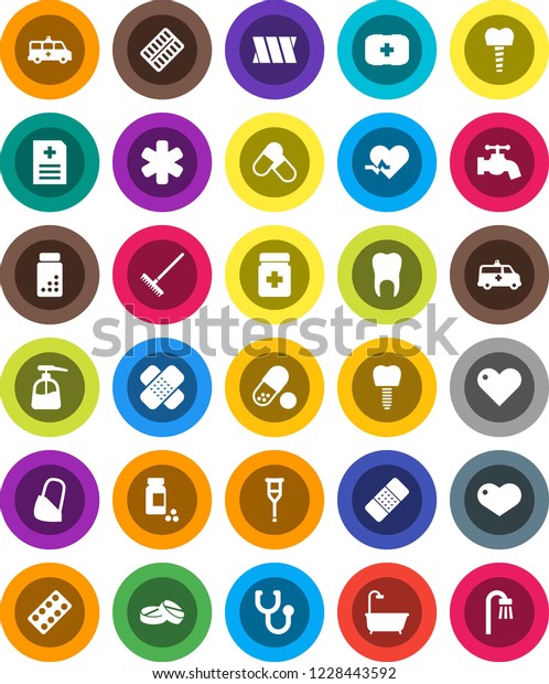 White Solid Icon Set- rake vector, water tap,\
liquid soap, pills vial, first aid kit, heart, ambulance star,\
pulse, crutches, patch, stethoscope, bottle, blister, anamnesis,\
amkbulance car, bandage