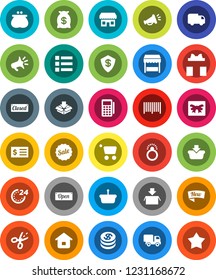 White Solid Icon Set- receipt vector, gift, dollar coin, wallet, money bag, sale, new, open, closed, 24 hour, market, store, barcode, card reader, basket, cart, home, delivery, loudspeaker, coupon