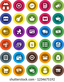 White Solid Icon Set- receipt vector, gift, credit card, dollar coin, cash, money bag, sale, new, market, support, target, reader, basket, cart, shopping list, delivery, mail, loudspeaker, coupon
