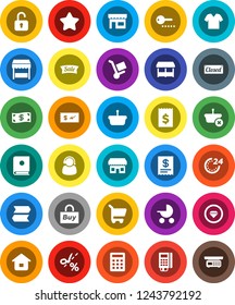 White Solid Icon Set- receipt vector, cash, star, sale, closed, 24 hour, market, store, support, buy, card reader, basket, cart, home, calculator, trolley, catalog, unlock, check, coupon, signpost