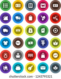 White Solid Icon Set- receipt vector, gift, wallet, cash, money bag, sale, new, shopping, target, barcode, cashbox, basket, list, trolley, delivery, mail, catalog, check, coupon, diamond ring, menu