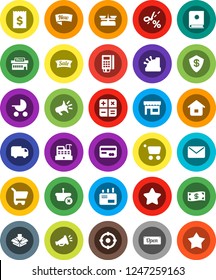 White Solid Icon Set- receipt vector, credit card, cash, star, sale, new, open, store, mall, target, reader, cashbox, basket, cart, home, calculator, delivery, mail, catalog, loudspeaker, coupon