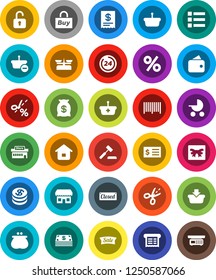 White Solid Icon Set- receipt vector, gift, dollar coin, wallet, cash, money bag, sale, closed, 24 hour, percent, store, mall, buy, barcode, basket, home, auction, unlock, coupon, baby stroller