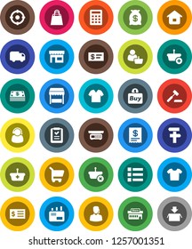 White Solid Icon Set- receipt vector, cash, money bag, shopping, market, store, mall, customer, support, target, buy, basket, cart, home, list, calculator, auction, delivery, mail, check, signpost