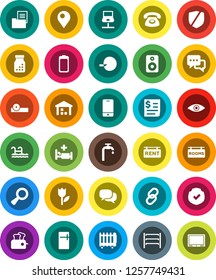 White Solid Icon Set- receipt vector, tulip, warehouse, protected, shelving, mobile phone, dialog, link, speaker, battery, eye, magnifier, insemination, pills bottle, doctor hat, hospital bed, pin